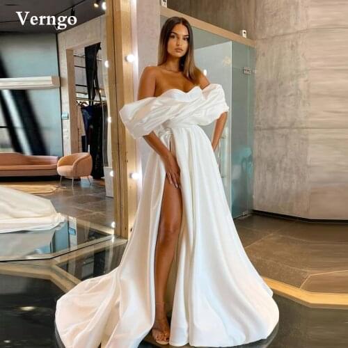 Verngo Simple Satin Off the Shoulder Wedding Dress Sweetheart High Slit Sexy Formal Party Gowns Long Korean 2021 Bridal Dresses