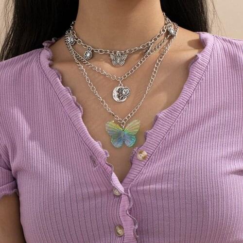 Vintage Exaggerated Plastic Butterfly Sun Moon Pendant Necklace for Women Multilayer Punk Party Jewelry Geometric Necklace Gift