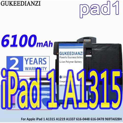 High Capacity GUKEEDIANZI Battery pad1 6100mAh For Apple iPad 1 A1315 A1219 A1337 616-0448 616-0478 969TA028H iPad1