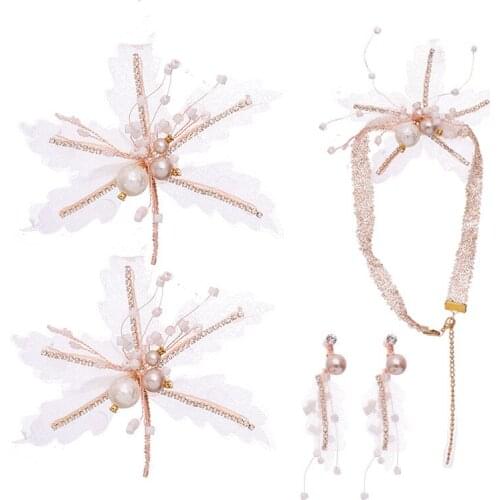 Pearl Flower Crystal Wedding Headband Golden Floral Bridal Headpiece Crown Earring Hair Jewelry Set for Women Tiara