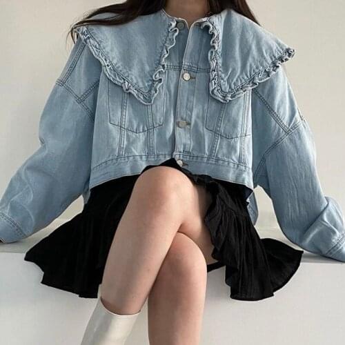 Korean Chic Autumn Retro Fungus Edge Loose Denim Coats Single Breasted Long Sleeve Jean Jacket Turn Down Collar Oversized Tops