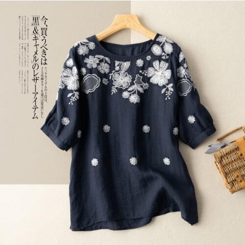 Womens Summer Fashion O Neck Cotton Blouse 2021 Causal Half Sleeve Loose Shirts Female Vintage Embroidery Tops Plus Size Q482