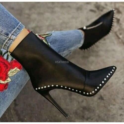 2021 New Design Women Rivet Boots Pointed Toe High Boots High Heel Ankle Boots Women Pumps Motorcycle Bootas Mujer