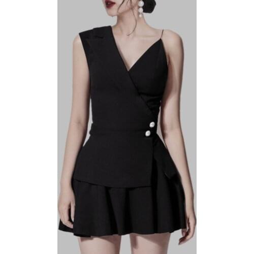 JSXDHK Summer Women Black 2 Piece Set Chic Black Beading Sexy Halter V Neck Shirt Tops + High Waist Mini Ball Gown Skirt Suits