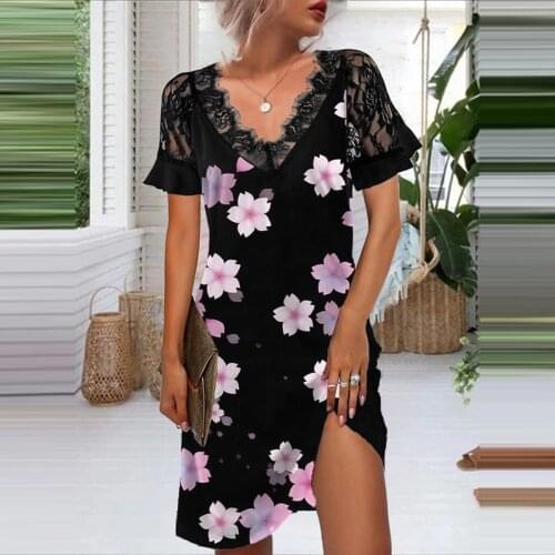 Lady Autumn Vintage Floral Print Slim Pullover Dress Summer Short Sleeve Casual Dresses Sexy V Neck Sheer Lace Women Party Dress