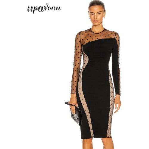 Free Shipping Sexy Polka Dot Mesh Patchwork Bandage Dress Women O-Neck Long Sleeve Bodycon Knee-length Dress Club Party Vestidos