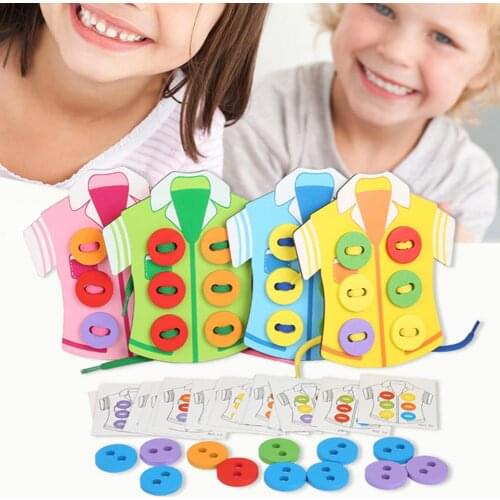 4Pcs Wooden Sew-on Buttons Threading Lacing Clothes Board Kids Education Toy