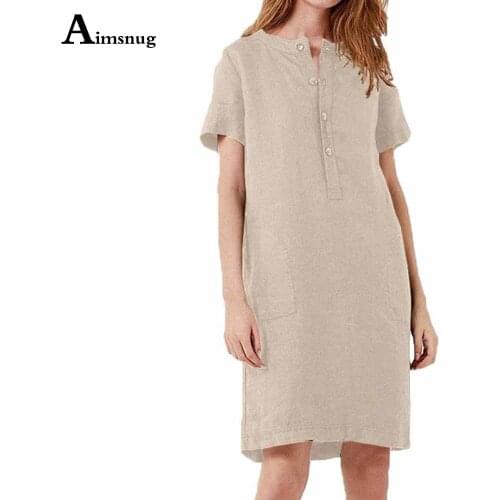 Aimsnug 2021 Single-Breasted Ladies Elegant Knee-Length Dress Khaki Summer Beach Dresses Plus size 3XL Women Casual Linen Dress