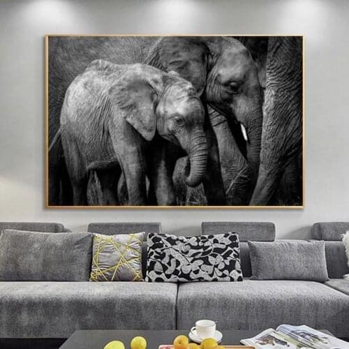 Black and White Africa Elephants Canvas Painting Posters and Prints Wild Animals Cuadros Wall Art Pictures for Living Room Decor