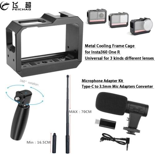 For Insta360 One R 360 Panoramic Metal Camera Cage Frame /Microphone Adapter Kit Type-C to 3.5mm Converter / Handle Grip Stick
