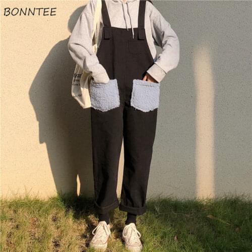 Jumpsuits Women Patch-design Pockets Full Length Straight Korean Style Students Casual Hip Hop Spring Loose All-match Fashion