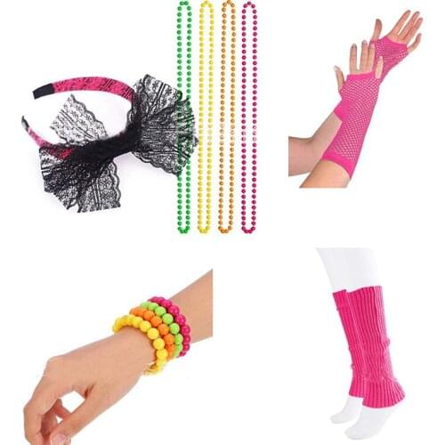 Cosplay Costumes Halloween 80s Lace Headband Necklace Fishnet Gloves Bracelet for 80s Party