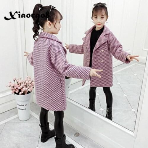 2019 Winter Girls Woolen Jackets Kids Plaid Thicken Coats Children Autumn Clothes Warm Casual Big Girls Outwear Long Jacket Coat