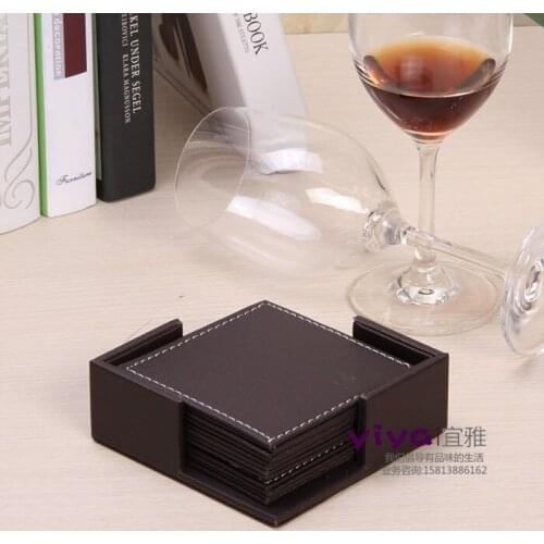 LOT!4'' set 7 square PU leateher coffee tea cup pad cup mat coaster placemat brown