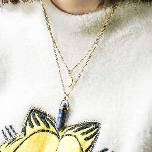 LOVR New Fashion Natural Stone Hexagonal Column Crystal Pendant Necklace women Vintage Geometric Bullet Necklace Jewelry