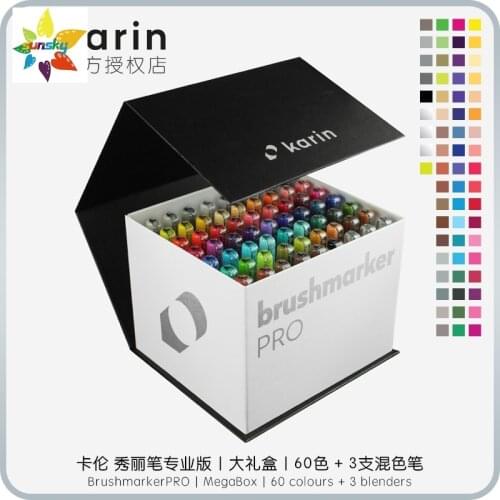 Original Karin Markers Brushmarker MegaBox| 60 colours + 3 blenders Flexible soft pen in block letters Professional Art supplies