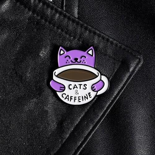 Cartoon CATS&CAFFEINE purple pin brooch badge personality lapel pin accessories clothes bag hat jewelry gift for children