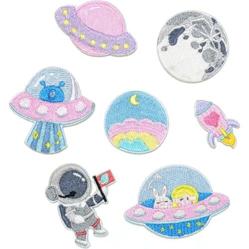 Cartoon UFO Embroidery Patches Hook Loop Small Badges for Sneakers Backpack Hats Clothing Velcro Patches Cute Spaceman Appliques