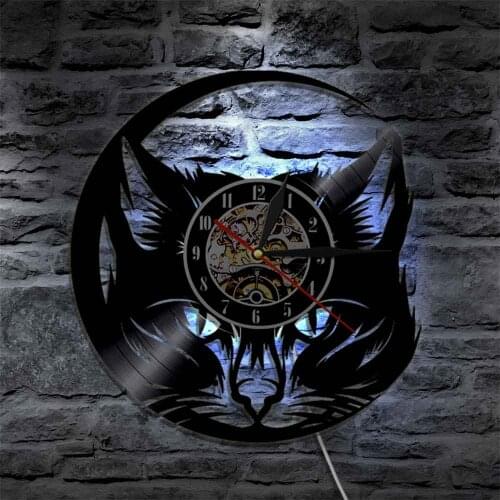 Meow Cat Head Wall Art Clock Black Cat Vinyl Record Wall Clock Modern Design Cat Shop Decor Animals Cat Lover Home Decorative