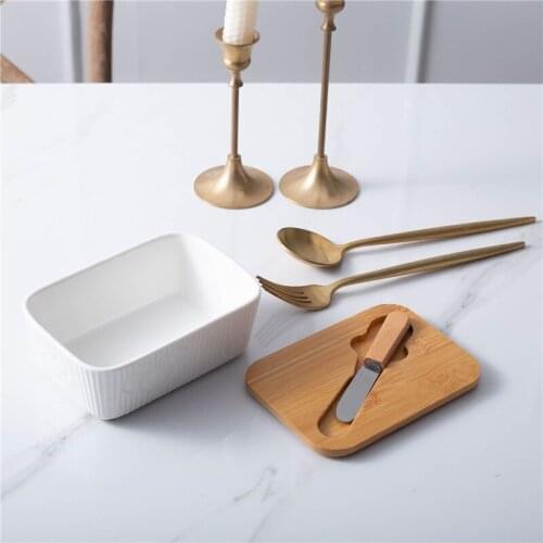 New Butter Box Strong Ceramic Butter Keeper Plate Storage Tray Cheese Food Container Kitchen Butter Dish Wood Cover with Knife