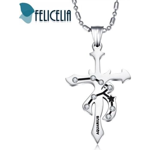 Felicelia 12 Constellation Horoscope Zodiac Necklace For Men Stainless Steel Cross Cubic Zirconia Pendant Necklace Birthday Gift