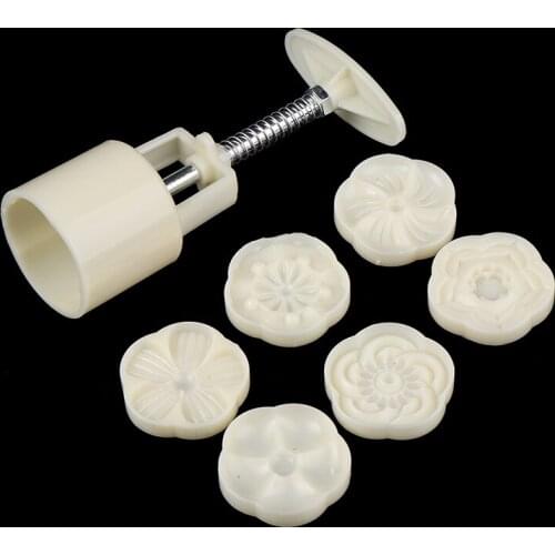 Plastic Mid Autumn Moon Cake Mould 6 Plum Blossom Press Stamps + Hand Press Mold Pastry Cutter For DIY Ice Skin Mooncake Baking