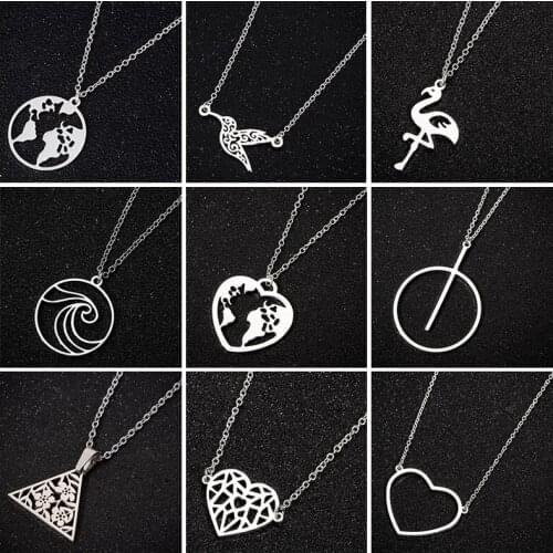 Sasusp Trendy World Map Bird Flamingo Wave Heart Circle Geometric Chain Necklace Women Pendants Necklaces For Girls Gift
