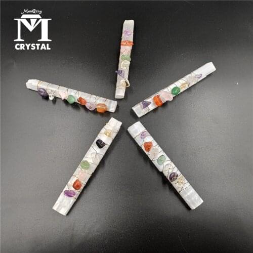 Seven Chakra Healing Crystals Stones Beads Wire Wrapped Raw Selenite Stick Wand for Yoga Meditation Spiritual Reiki Balancing