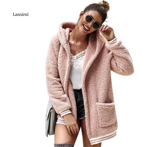 Faux Fur Women Coat With Hood High Waist Fashion Slim Black Red Pink Faux Fur Jacket Fake Rabbit Fur Coats