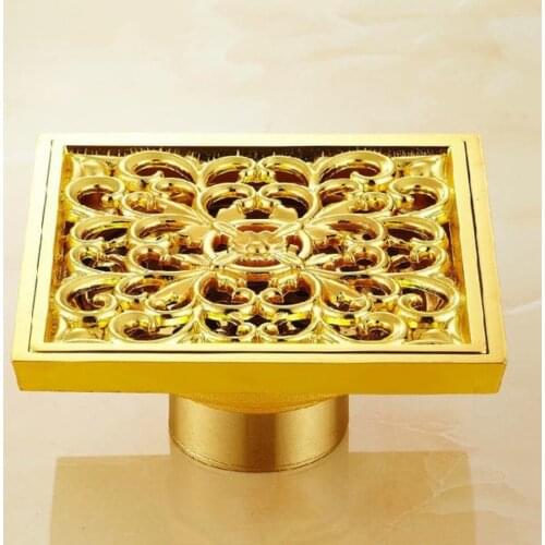 Drains 10x10cm Square Gold Brass Bath Shower Drain Strainer Floor Cover Balcony Deodorant Grate Waste Bathroom Drains DL6616