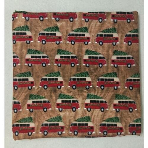 50x105cm Vintage Christmas Green Tree Red Bus Printed Cotton Fabric X'mas Fabric Patchwork for Cloth Dress Party Home Decoration