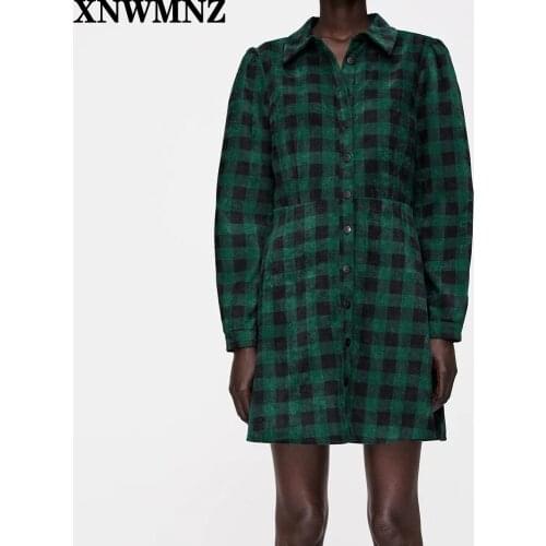 XNWMNZ Za Women Fashion Corduroy shirt dress vintage long sleeve A-line Lapel Collar Buttons Female Check mini Dresses Mujer