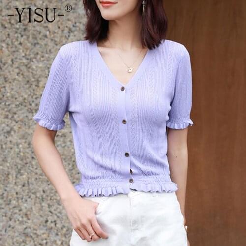 YISU Summer New Cardigan Women V-Neck Slim Cardigan Coat Solid color Short sleeve Sweater Thin simple Knitted Coats Female