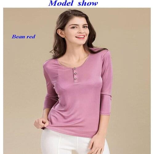 Pure silk knitted lady round neck button decorated T shirt,100% silk three quarter sleeve T shirt women,with gift mask