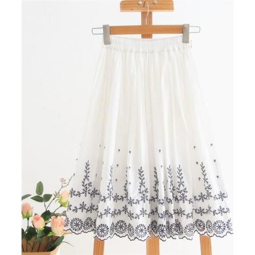 Mori Girl Summer Fall Women White Princess Skirt High Waist Cotton Linen Delicate Skirt Floral Embroidery Hollow Out Chic Skirt