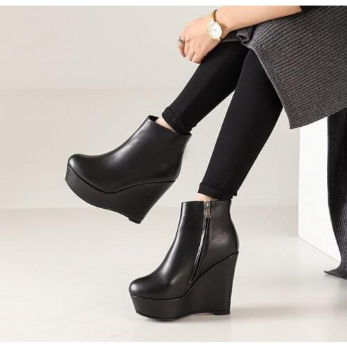 SKLFGXZY women Ankle boots Genuine leather Female boots black wedge Round head Autumn and winter Womens shoes Size 34-40