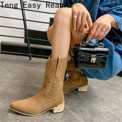 Womens Suede Leather Thick Med Heel Boots Pointed Toe Slip-on Mid-calf Boots Autumn Female Casual Half Boots Punk Shoes Women 7