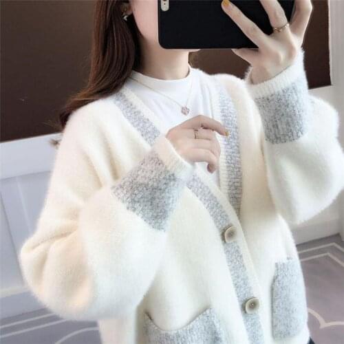 Women New 2020 Autumn Winter Casual Warm Faux Mink Cashmere Knitted Sweaters Female Lantern Sleeve V-Neck Soft Cardigan Coat H82