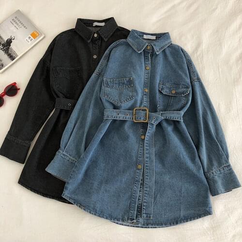 New Korean 2020 Fashion Spring and Autumn Loose Lapel Single-breasted Denim Dress Woman Leisure Belt Waist Jeans Dress