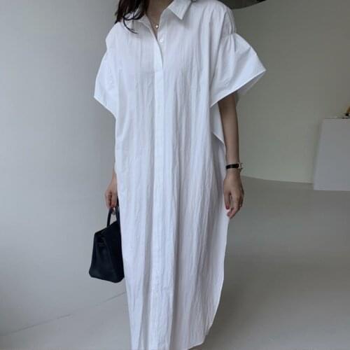 Johnature Summer New Casual Solid Color Simple Turn-down Collar Shirt Dresses 2021 Simple Ruffle Sleeve Loose Button Women Dress