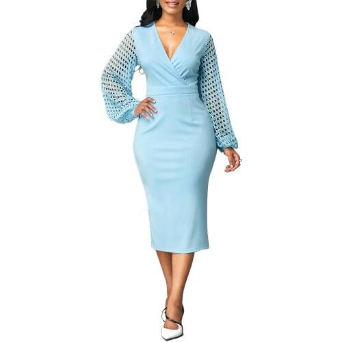 Woman Dress 2021 NEW Spring Sexy V Neck Long Party Dress Women Vintage Casual Plus Size Slim Hollow Out Sleeve Office Dresses