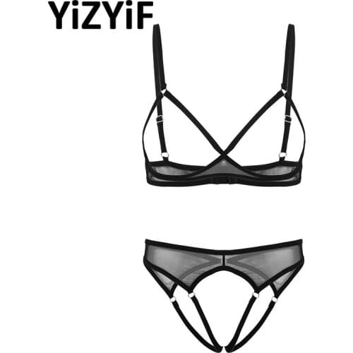 Womens See Through Sheer Mesh Lingerie Set Open Cups Bra Top with Low Rise Crotchless Briefs Underwear Sexy Nightwear Sleepwear