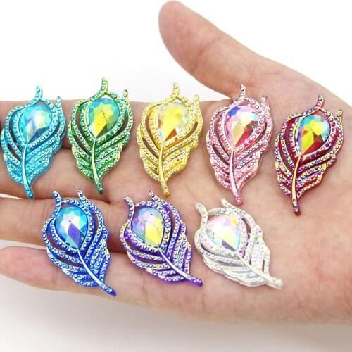 10 Pcs 20x38mm AB Crystal Rhinestones Peacock Feathers/Leaf Sewing Rhinestone For Clothes Resin Flat Back Crystal Scrapbook DIY