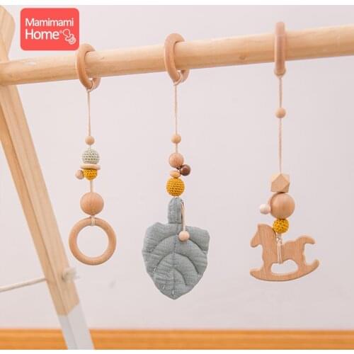 3pc Baby Wooden Teether Baby Play Gym BPA Free Wood Pendant Sensory Ring-Pull Beech Ring ChildrenS Goods Crib Rattle Toys Gifts