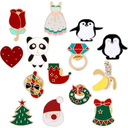 Fashion Cartoon Penguin Panda Santa Claus Pattern Brooch Women Cute Butterfly Knot Enamel Pin Brooches Christmas Day Child Badge