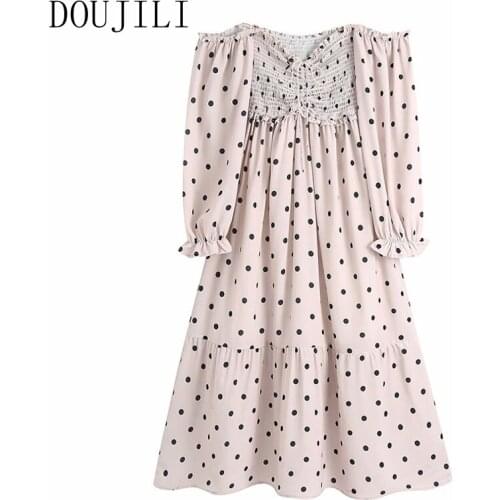 DOUJILI Elegant Women Dress Sweet Black Dots Long Sleeve Soft Loose Dresses For Party Casual Wear