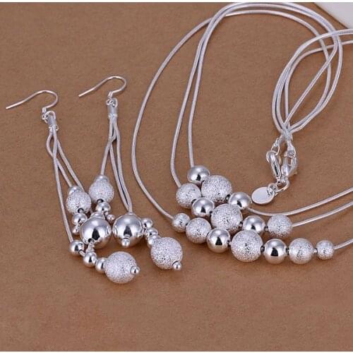 S122 Hot Sale Free Shipping Silver Fine Jewelry Sets,Wholesale 925-Sterling-Silver Charms Fashion Triple Lines Of Multi Beans