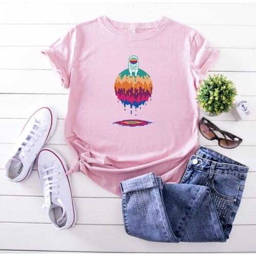 100% Cotton Oversized Womens T-shirt O-Neck Short Sleeve Harajuku Colorful Astronaut Planet Top Casual Female T shirt Summer