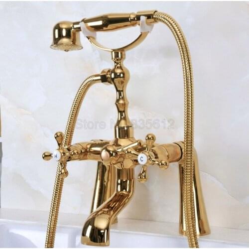 Deck Mounted Gold Color Brass Bathroom Tub Faucet Set + Hand Shower Head Luxury Dual Handle Shower Faucets tna151