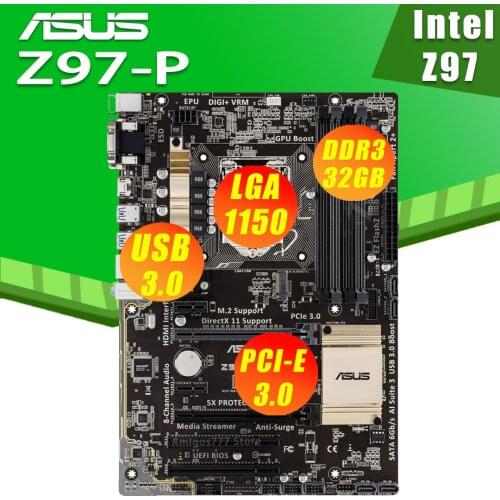 LGA 1150 DDR3 Z97 For ASUS Z97-P 100% Original Motherboard USB 3.0 32G Z97P Desktop Mainboard SATA 3 Mother board PCI-E X16